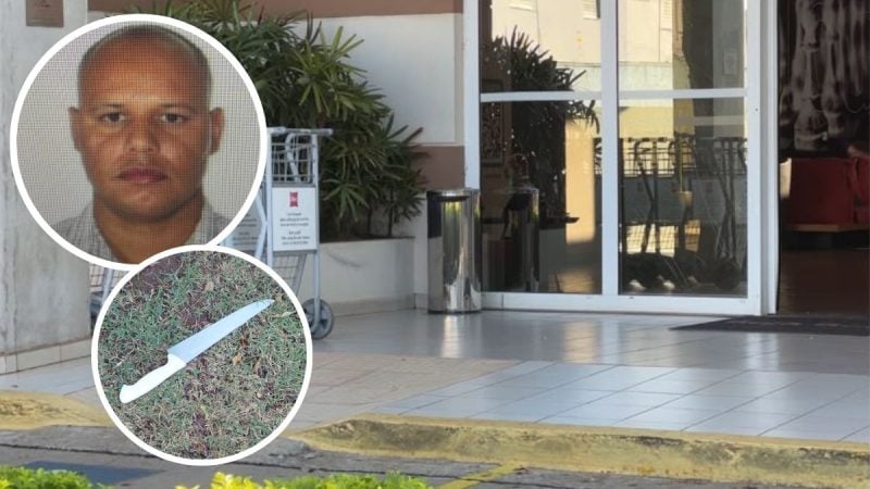 Imagem de uma área externa de hotel com entrada e jardim, mostrando um recorte em destaque de um suspeito em foto de identificação e uma marca de lâmina na cena, relacionada ao caso de segurança de hotel que esfaqueia colegas em Paulínia.