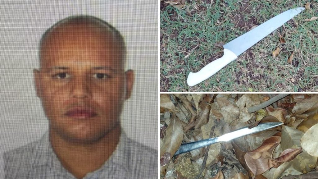 Foto de Maurício do Amaral, de 40 anos, ao lado de imagens das facas apreendidas pela Guarda Municipal após ataque em Paulínia que feriu três funcionários de hotel.