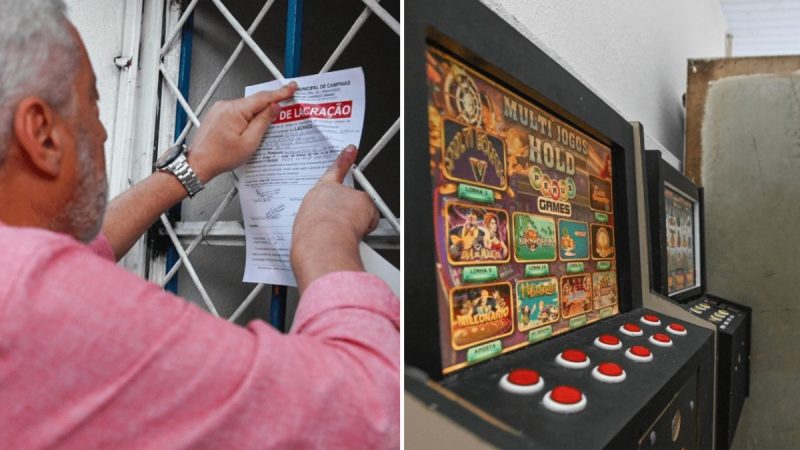 Fiscalização mostra documentos de interdição e um equipamento de bingo com tela e botões, em operação relacionada ao bingo clandestino em Campinas.