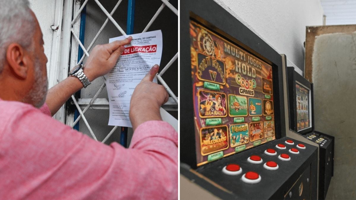 Fiscalização mostra documentos de interdição e um equipamento de bingo com tela e botões, em operação relacionada ao bingo clandestino em Campinas.