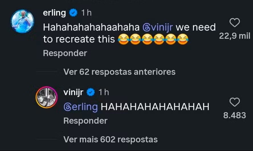 Print de comentários com meme: Haaland e Vini Jr brincam com a ideia de “As Branquelas”, com texto zombeteiro e emojis, em preparação para o jogo Brasil e Noruega.
