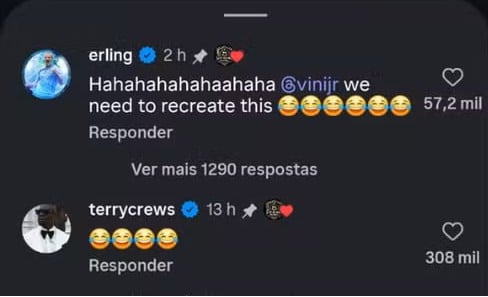 Comentário em rede social com meme relacionando Vini Jr e Haaland, citado como referência para recriar a brincadeira do filme As Branquelas, com emojis de risadas e corações.