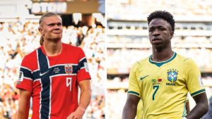 Montagem com Haaland e Vini Jr em clima de meme inspirado em As Branquelas, com os jogadores em campos de futebol: Haaland de uniforme da Noruega e Vini Jr com a camisa do Brasil
