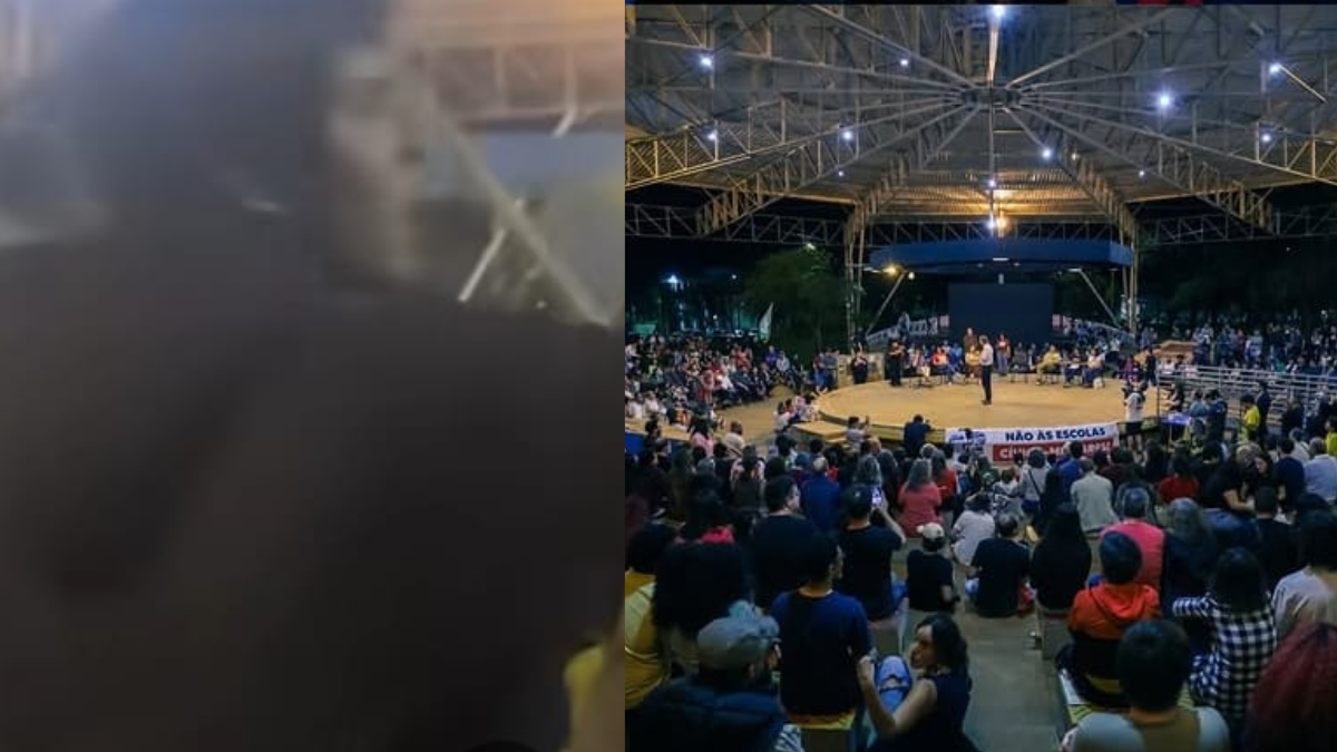 Imagem de uma aula magna na Unicamp, com uma plateia lotada em auditório e palco ao centro, durante um evento universitário.