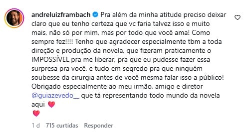 Larissa Manoela em publicação com texto sobre a recuperação de cirurgia de endometriose e uma pausa para desacelerar, com comentário em formato de post.