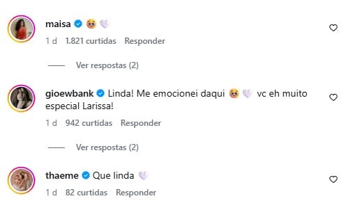 Larissa Manoela em destaque no Instagram, com comentários de fãs elogiando e reagindo a fala sobre cirurgia de endometriose e pausa, com curtidas e opções de responder.