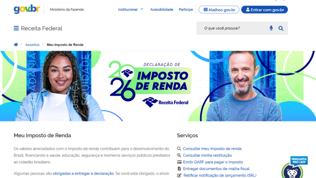 Site da Receita Federal em “Meu Imposto de Renda”, com chamada visual para a declaração do Imposto de Renda 2026 e destaque para consulta e regras do cashback do Imposto de Renda, 8 de julho.