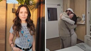 Larissa Manoela em foto de entrevista, enquanto relembra cirurgia de endometriose e comenta sobre a pausa para desacelerar. Em outro registro, aparece abraçando alguém em um ambiente hospitalar com macas ao fundo.