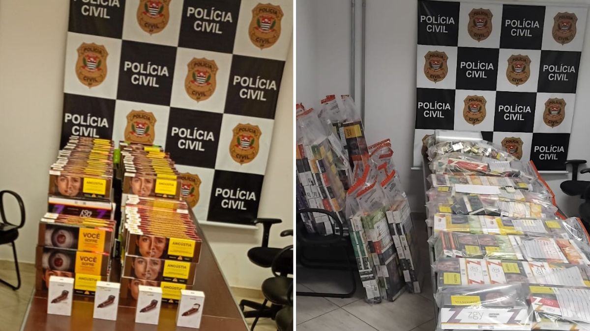 Cigarros eletrônicos e essências apreendidos durante operação da Polícia Civil em rodoviária de Piracicaba, em caso de comerciante preso por vender vape e líquidos.