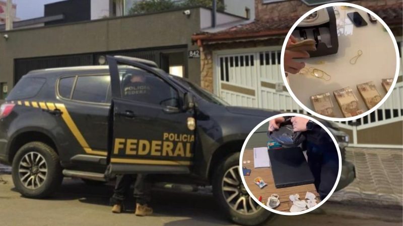 Viatura da Polícia Federal em frente a uma residência durante apuração ligada à Operação Exchange em Santos e Praia Grande, com destaque para cédulas e objetos apreendidos.