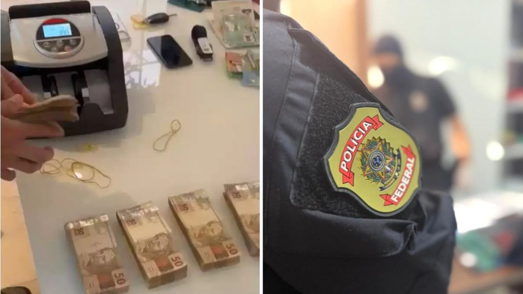 Operação Exchange em Santos e Praia Grande: foto de uma máquina de contagem de dinheiro ao lado de cédulas apreendidas e policiais com emblema da Polícia Federal, em ação de investigação de lavagem de dinheiro.