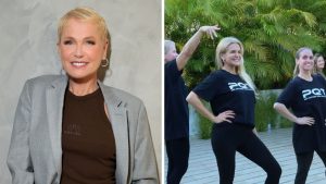 Xuxa aparece em dois momentos: no retrato sorridente com blazer claro e brincos, e ao lado de Paquitas em ensaio ao ar livre, dançando e posando com camisas esportivas, antes da turnê.