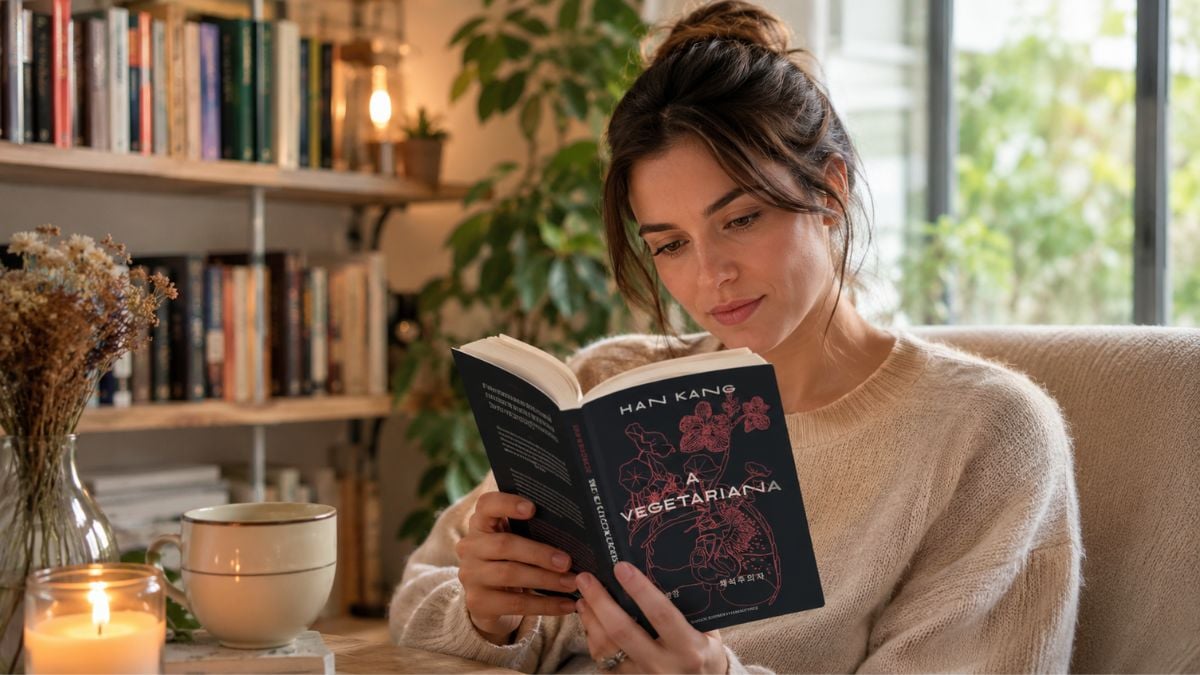 Mulher sentada em uma sala aconchegante lendo o livro “A Vegetariana” de Han Kang, com estante ao fundo, luz suave e decoração com plantas e velas.