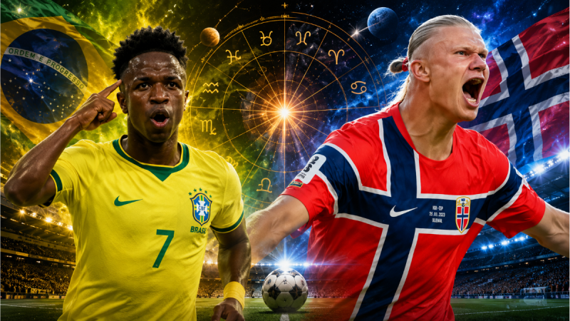 Montagem de Vini Jr e Erling Haaland em clima de duelo, com mapa astrológico e planetas ao centro, bandeiras do Brasil e da Noruega e elementos de futebol no estádio