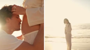 Mari Saad anuncia gravidez do primeiro filho, em fotos românticas na praia ao lado de Rômulo Arantes Neto: a imagem mostra o casal em clima de carinho e uma foto da gestante de pé na orla.