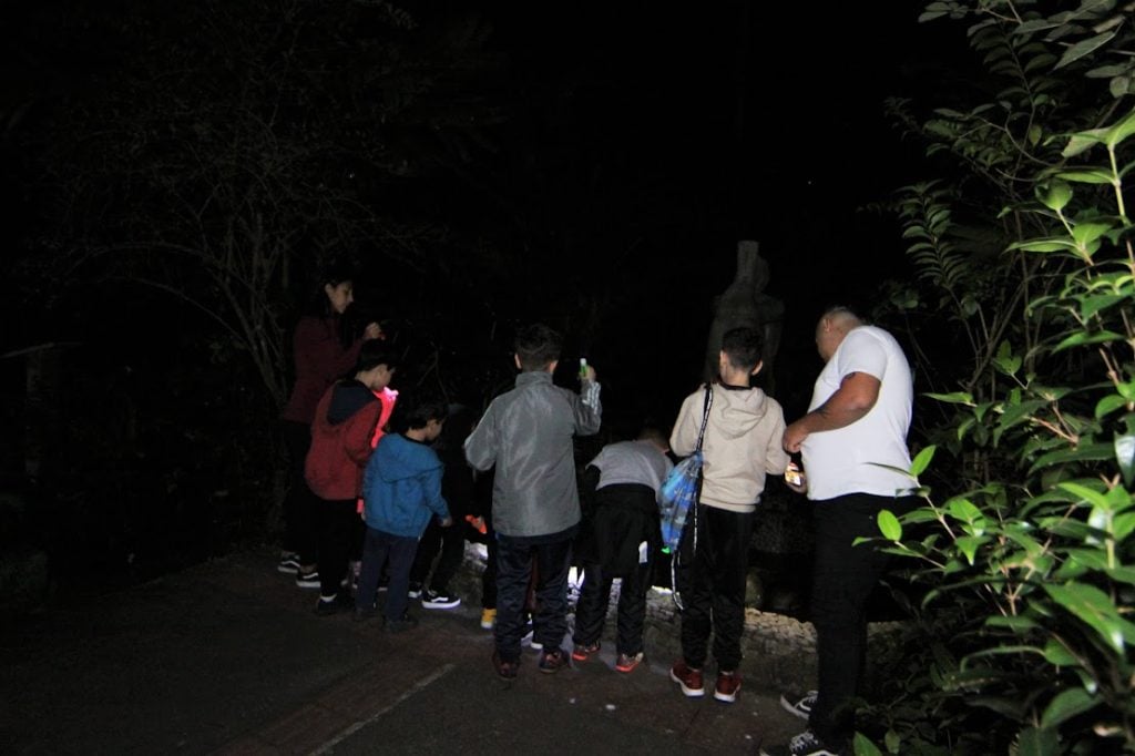 Grupo de visitantes participa de visita noturna no Orquidário de Santos, explorando trilhas com lanternas durante atividade de educação ambiental.