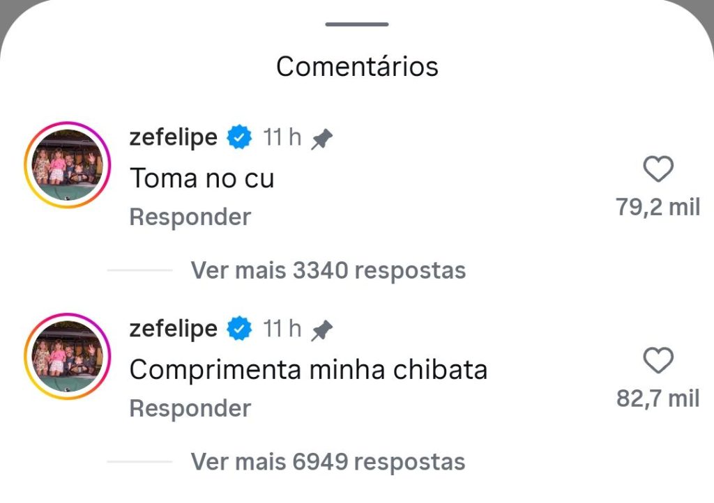 Tela de comentários em rede social com mensagens do perfil “zefelipe” e interações como “Toma no cu” e “Comprimenta minha chibata”, com indicação de curtidas e número de respostas.