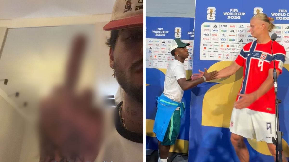 Zé Felipe reage em vídeo, demonstrando indignação ao ver Vini Jr. abraçar Erling Haaland após a eliminação do Brasil, em imagem de bastidores com roupas e bandeira do evento.