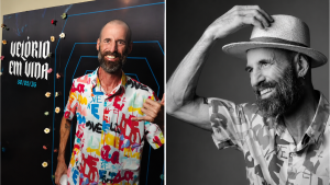 Tiago Pitthan aparece em duas fotos: em uma, ele sorri com uma camisa estampada e fundo de evento com texto “Velório em vida” e data; na outra, usa chapéu e camiseta clara estampada em preto e branco.