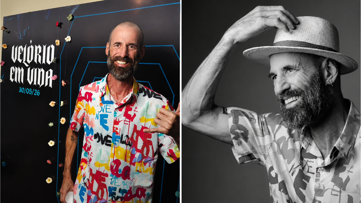 Tiago Pitthan aparece em duas fotos: em uma, ele sorri com uma camisa estampada e fundo de evento com texto “Velório em vida” e data; na outra, usa chapéu e camiseta clara estampada em preto e branco.
