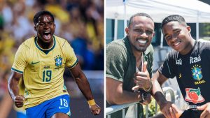 Pai de Endrick emociona com mensagem de apoio ao filho após eliminação do Brasil na Copa, em montagem com o jogador Endrick comemorando em campo e o pai ao lado dele sorrindo, fazendo sinal de positivo.