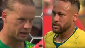 Imagem dividida com close do jogador Neymar em transmissão esportiva, sugerindo leitura labial do que Neymar disse ao goleiro da Noruega antes do pênalti.