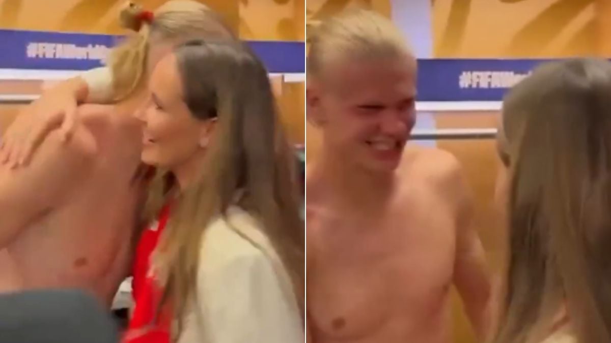 Ingrid Alexandra, Princesa da Noruega, abraça Haaland no vestiário após a vitória do time sobre o Brasil, em imagem de vídeo.