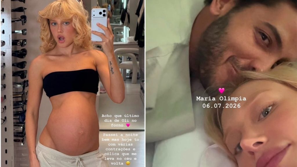 Malu Borges filha: montagem com foto da influenciadora em selfie no espelho e um close de Maria Olímpia, recém-nascida, em registro de nascimento.