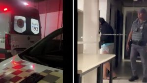 Imagem mostra uma ambulância do SAMU 192 ao fundo e policiais na área de detenção, em cena associada ao caso de ambulância furtada em Campinas e detenção em Valinhos.