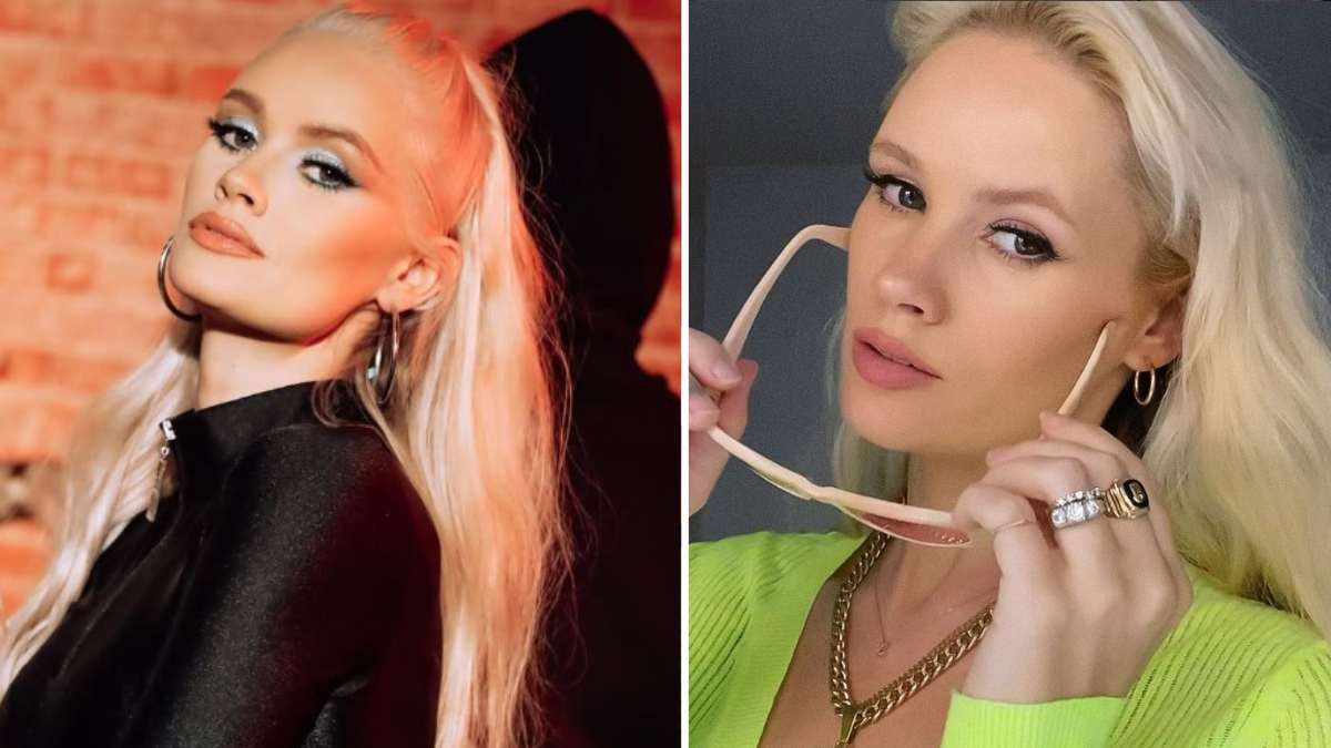Lauren Bennett aparece em duas fotos de estúdio, com cabelo loiro e maquiagem marcante, usando acessórios e brincos de argola. A imagem destaca a cantora associada ao “Party Rock Anthem”.