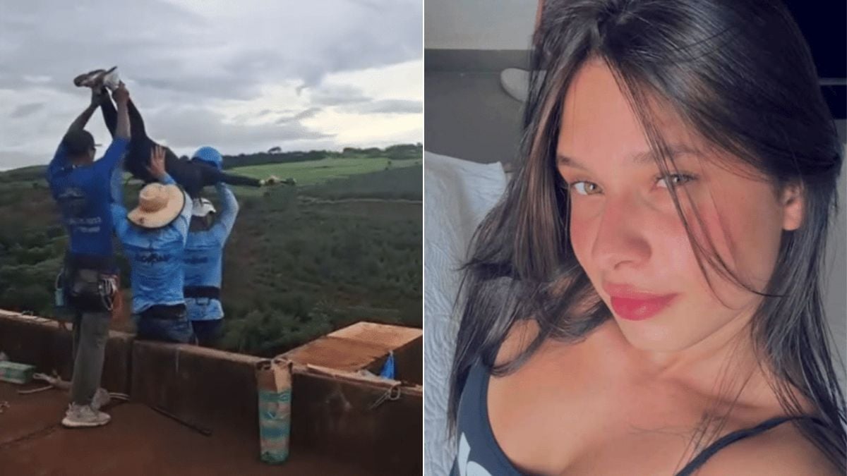 Caso Maria Eduarda rope jump: imagens mostram o rope jump com duas pessoas praticando na plataforma e um retrato em close de uma jovem de cabelo escuro, em destaque na matéria.