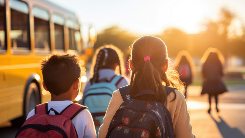 Alunos em frente a um ônibus escolar amarelo, com mochilas nas costas ao pôr do sol, em cena que ilustra o recesso escolar da rede estadual de SP com almoço para estudantes cadastrados.