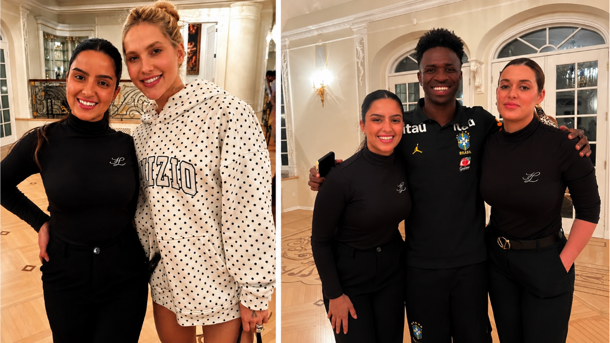 Virginia Fonseca aparece em uma mansão em encontro ao lado de Vini Jr e outras pessoas, posando em fotos no interior de uma residência luxuosa nos EUA