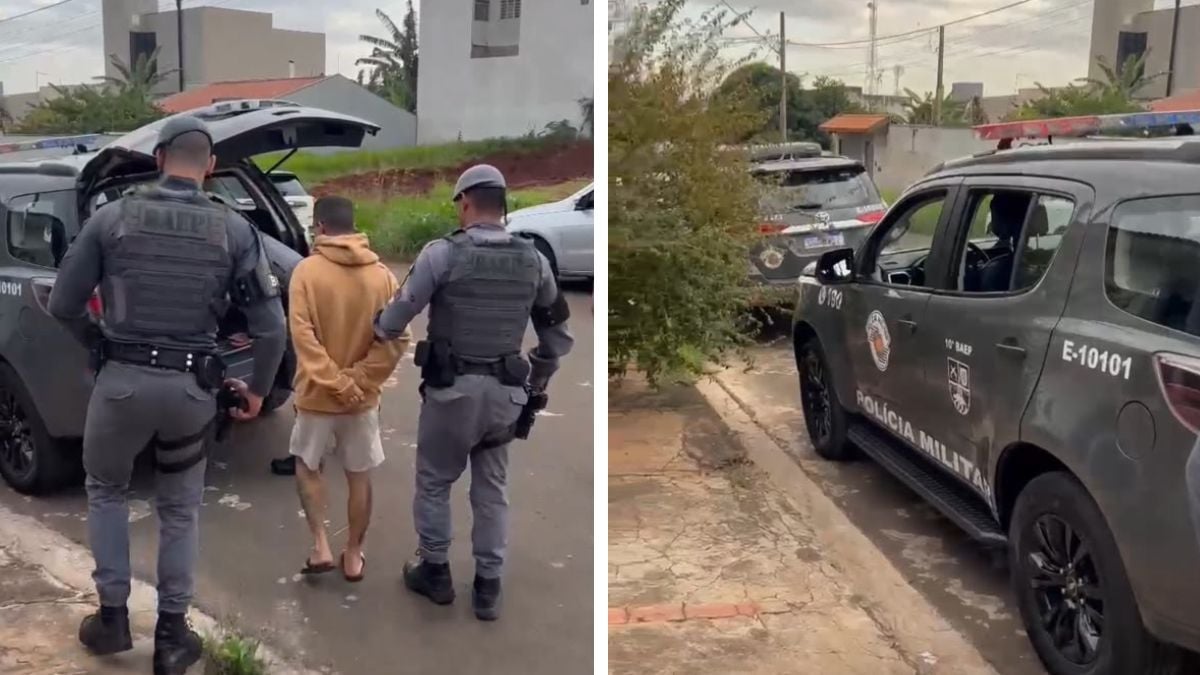 Policiais da Polícia Militar acompanham detidos em área externa com viaturas caracterizadas, durante operação que investiga laboratório de cocaína em Rio Claro e prende investigados.