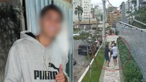 Jovem suspeito de roubo com arma de fogo em Guarujá: imagem de um rapaz em segundo plano e, ao lado, dois homens em uma rua com cerca e marcação em vermelho indicando a área investigada.