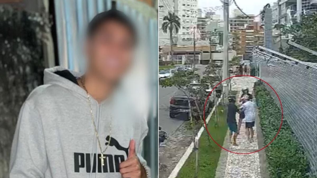 Jovem suspeito de roubo com arma de fogo em Guarujá: imagem de um rapaz em segundo plano e, ao lado, dois homens em uma rua com cerca e marcação em vermelho indicando a área investigada.