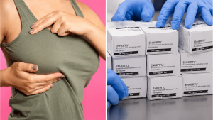 Collagem com uma mulher com a mão sobre o peito e, ao lado, caixas do medicamento Enhertu com seringas e luvas de procedimento, sugerindo aprovação da Anvisa para câncer de mama no Brasil.