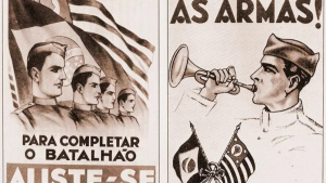 Cartaz histórico sobre a Revolução de 1932 com soldados em perfis e um soldado segurando bandeiras e megafone, destacando o chamamento para completar o batalhão e o apoio à luta.
