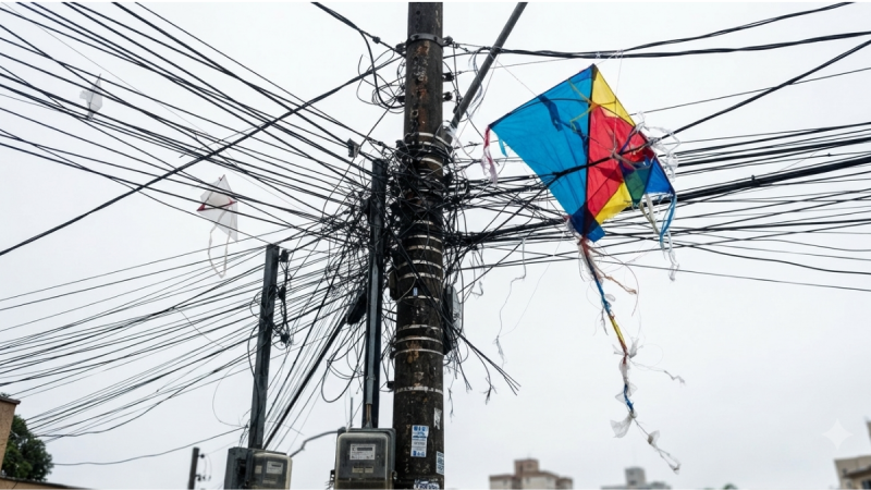 Pipas na rede elétrica: uma pipa multicolorida presa em fios de postes com cabos espalhados, mostrando o risco de falta de energia e curto-circuito durante as férias em Campinas.