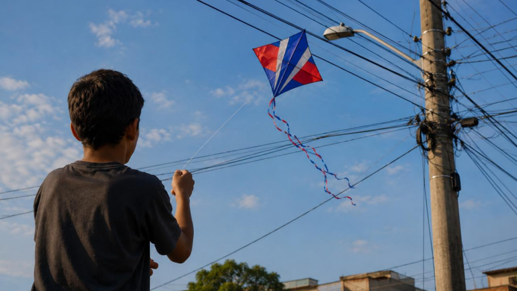 Criança solta pipa perto de postes e fios da rede elétrica, com pipa voando no céu, em alerta de conscientização para evitar acidentes.