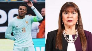 Montagem com Mbappé em campo, sorrindo e levantando o braço, ao lado de uma senadora paraguaia em foto de estúdio, usando traje social e colar de pérolas. Entenda o caso após ataques racistas envolvendo Mbappé e senadora paraguaia.