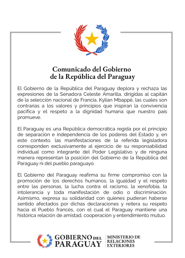 Documento oficial do Governo do Paraguai com o texto “Comunicado del Gobierno de la República del Paraguay”, mencionando a senadora Celeste Armarilla e abordando o caso envolvendo Mbappé e ataques racistas.