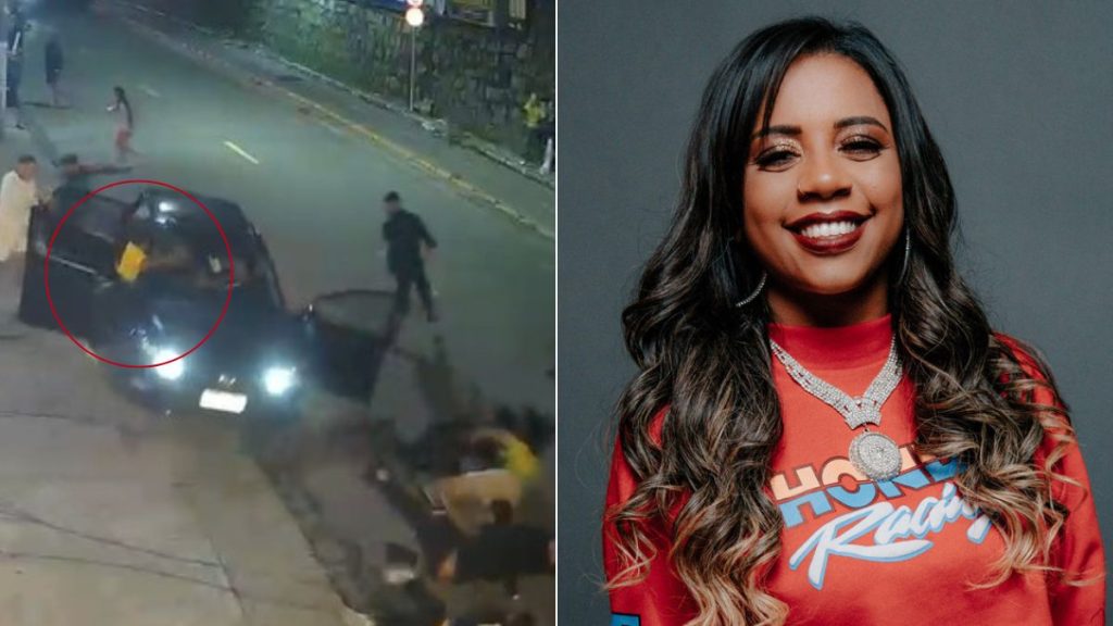 mc Rita aparece em foto de estúdio sorrindo, com cabelo longo ondulado e roupa de show vermelha com estampa. Ao lado, imagem noturna mostra carro em movimento e um ponto de luz circular com pessoas na rua no litoral de SP após invasão.