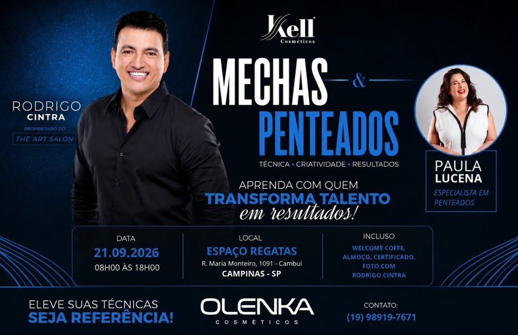 Divulgação do treinamento de mechas e penteados com Rodrigo Cintra em Campinas, com arte da Kell Cosméticos e informações de data e local do evento.