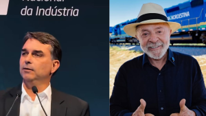 Pesquisa eleitoral em destaque: Lula aparece à frente em imagem de comparação com Flávio Bolsonaro ao fundo, em cenário de debate político e manchetes de campanha.