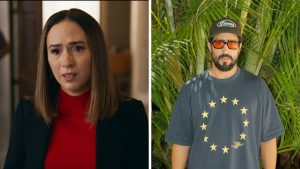 Tatá Werneck em cena e Renato Góes em foto ao ar livre: montagem com dois retratos, ela em ambiente interno com roupa escura e blusa vermelha, e ele de boné e óculos com camiseta azul e estampa de estrelas.