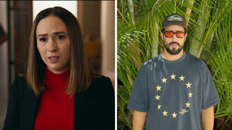 Tatá Werneck em cena e Renato Góes em foto ao ar livre: montagem com dois retratos, ela em ambiente interno com roupa escura e blusa vermelha, e ele de boné e óculos com camiseta azul e estampa de estrelas.