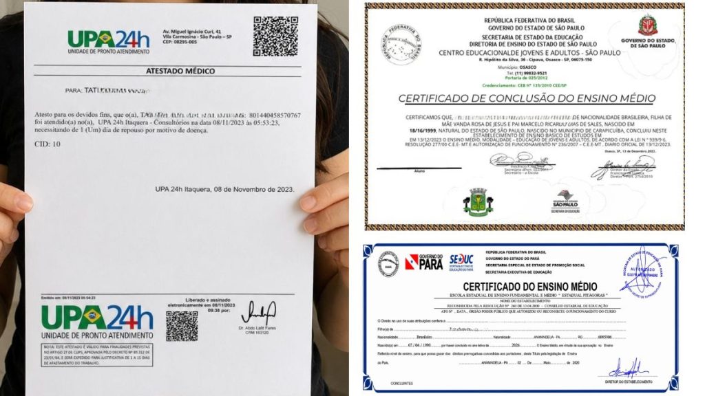 Documentos falsos apreendidos em uma operação policial: atestado médico e certificados de conclusão do ensino médio, com carimbos e assinaturas, em contexto da Operação Chargeback da Polícia Civil.