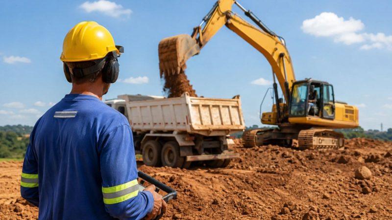 Trabalhador com capacete em obra acompanha a operação de uma escavadeira e um caminhão em Indaiatuba, destacando empregos e crescimento industrial na cidade.