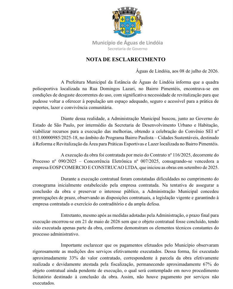 Documento oficial de Nota de Esclarecimento do Município de Águas de Lindóia (Secretaria de Governo) sobre a reforma de quadra localizada na Rua Domingos Lazari, no Bairro Pimentéis.